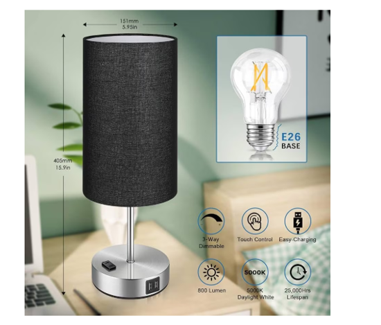 Imagine Lampa cu abajur din tesatura, pentru birou, dormitor, metal, QUANDES®, 2 porturi USB-A/C 1 X Prize de incarcare AC, negru