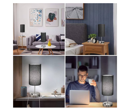 Poza cu Lampa cu abajur din tesatura, pentru birou, dormitor, metal, QUANDES®, 2 porturi USB-A/C 1 X Prize de incarcare AC, negru