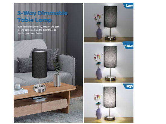 Poza cu Lampa cu abajur din tesatura, pentru birou, dormitor, metal, QUANDES®, 2 porturi USB-A/C 1 X Prize de incarcare AC, negru