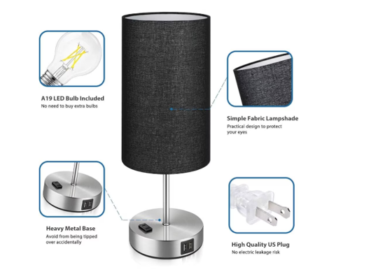 Poza cu Lampa cu abajur din tesatura, pentru birou, dormitor, metal, QUANDES®, 2 porturi USB-A/C 1 X Prize de incarcare AC, negru