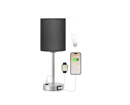 Poza cu Lampa cu abajur din tesatura, pentru birou, dormitor, metal, QUANDES®, 2 porturi USB-A/C 1 X Prize de incarcare AC, negru