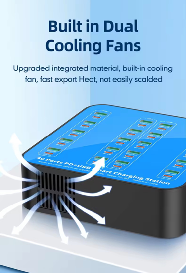 Poza cu Statie de incarcare 400W Smart cu 40-Port USB PD Charger 20USB-A+20USB-C PD QC3.0 Fast Charging, pentru iPhone 17/16/ 15 /14 /13 Pro Max, Samsung Galaxy Z Flip7/6 for S25/24/23/22 si ventilator