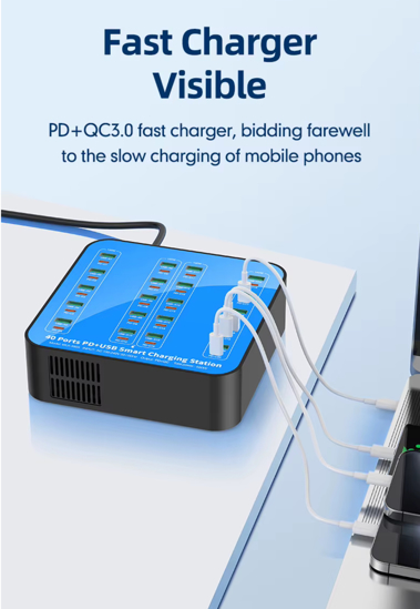 Poza cu Statie de incarcare 400W Smart cu 40-Port USB PD Charger 20USB-A+20USB-C PD QC3.0 Fast Charging, pentru iPhone 17/16/ 15 /14 /13 Pro Max, Samsung Galaxy Z Flip7/6 for S25/24/23/22 si ventilator