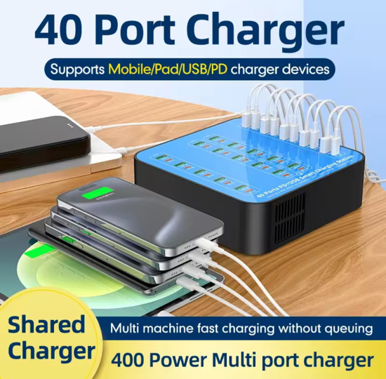 Poza cu Statie de incarcare 400W Smart cu 40-Port USB PD Charger 20USB-A+20USB-C PD QC3.0 Fast Charging, pentru iPhone 17/16/ 15 /14 /13 Pro Max, Samsung Galaxy Z Flip7/6 for S25/24/23/22 si ventilator