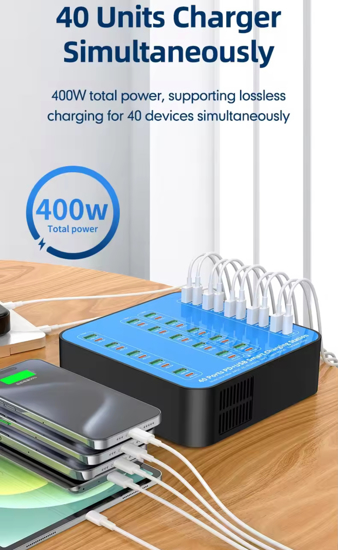 Poza cu Statie de incarcare 400W Smart cu 40-Port USB PD Charger 20USB-A+20USB-C PD QC3.0 Fast Charging, pentru iPhone 17/16/ 15 /14 /13 Pro Max, Samsung Galaxy Z Flip7/6 for S25/24/23/22 si ventilator