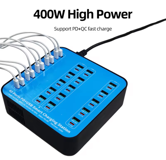 Poza cu Statie de incarcare 400W Smart cu 40-Port USB PD Charger 20USB-A+20USB-C PD QC3.0 Fast Charging, pentru iPhone 17/16/ 15 /14 /13 Pro Max, Samsung Galaxy Z Flip7/6 for S25/24/23/22 si ventilator