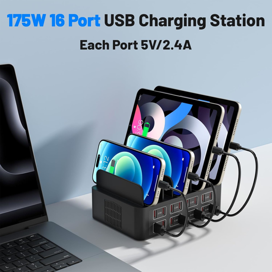 Poza cu Statie de incarcare rapida 150W/35A, QUANDES, organizator de incarcatoare multiple cu 16 porturi USB, 8 USB-C / 8USB-A, compatibil cu telefon mobil, iPad, tableta Android, fara cablu