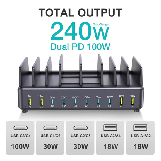 Imagine Statie de Incarcare rapid multi-USB de 240W, GaN PD cu 10 porturi, 2 porturi 100W, 4 porturi 30W, 4 porturi USB-A de 18W, pentru MacBook, iPhone 16, 15, iPad, Samsung, tableta, laptop