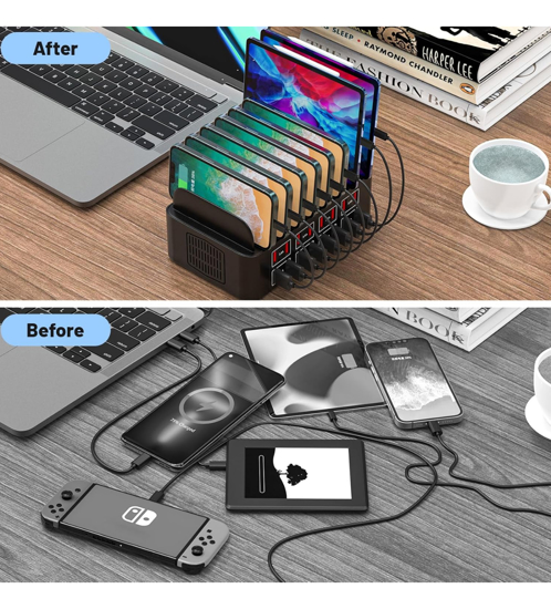 Poza cu Statie de Incarcare rapid multi-USB de 240W, GaN PD cu 10 porturi, 2 porturi 100W, 4 porturi 30W, 4 porturi USB-A de 18W, pentru MacBook, iPhone 16, 15, iPad, Samsung, tableta, laptop