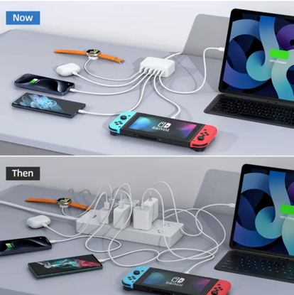 Statie de incarcare rapida cu 6 porturi GaN de 100W, Incarcator USB C, pentru dispozitive multiple, adaptor de alimentare cu priza pentru toate iPhone 16 15, 14, 13, iPad Samsung, Android, Negru