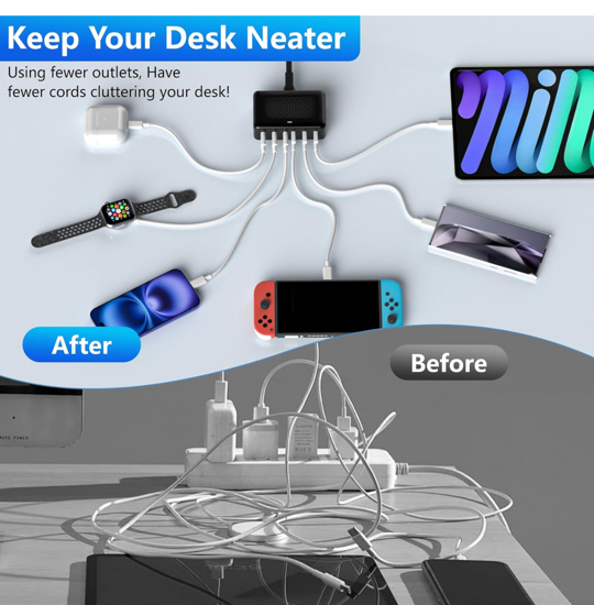 Poza cu Statie de incarcare rapida cu 6 porturi GaN de 100W, Incarcator USB C, pentru dispozitive multiple, adaptor de alimentare cu priza pentru toate iPhone 16 15, 14, 13, iPad Samsung, Android, Negru