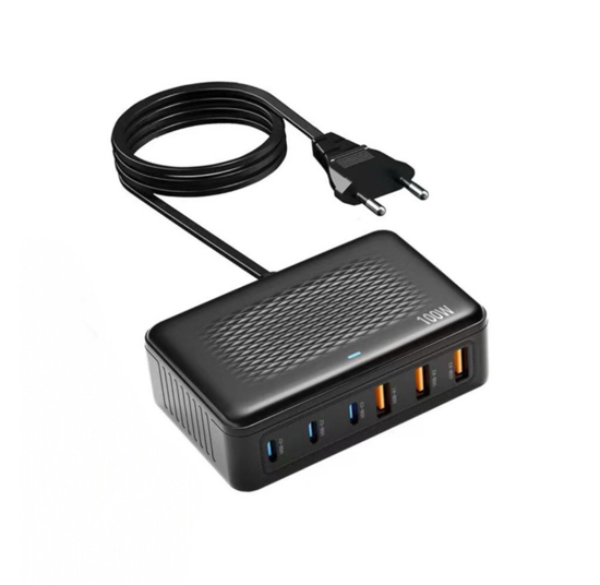 Poza cu Statie de incarcare rapida cu 6 porturi GaN de 100W, Incarcator USB C, pentru dispozitive multiple, adaptor de alimentare cu priza pentru toate iPhone 16 15, 14, 13, iPad Samsung, Android, Negru