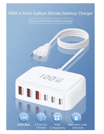 Poza cu Statie de incarcare rapida cu 6 porturi GaN de 100W, Incarcator USB C, pentru dispozitive multiple, adaptor de alimentare cu priza pentru toate iPhone 16 15, 14, 13, iPad Samsung, Android, Alb