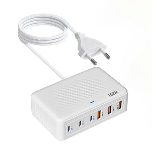 Poza cu Statie de incarcare rapida cu 6 porturi GaN de 100W, Incarcator USB C, pentru dispozitive multiple, adaptor de alimentare cu priza pentru toate iPhone 16 15, 14, 13, iPad Samsung, Android, Alb