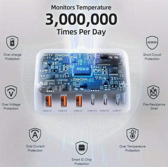 Poza cu Statie de incarcare rapida cu 6 porturi GaN de 100W, Incarcator USB C, pentru dispozitive multiple, adaptor de alimentare cu priza pentru toate iPhone 16 15, 14, 13, iPad Samsung, Android, Alb