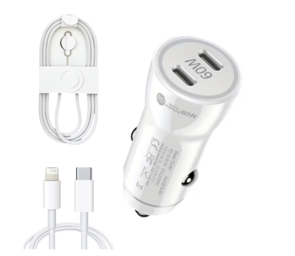 Imagine Kit incarcator auto Dual fast charger USB-C-C 60W, Cablu date USB-C-C 60W, USB-C-ligth 37W, 1M, Compatibil cu iPhone 17, 16, 15, 14, 13, 12 pro max, QUANDES®