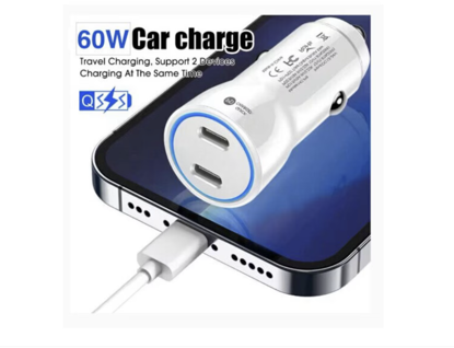 Kit incarcator auto Dual fast charger USB-C-C 60W, Cablu date USB-C-C 60W, USB-C-ligth 37W, 1M, Compatibil cu iPhone 17, 16, 15, 14, 13, 12 pro max, QUANDES®