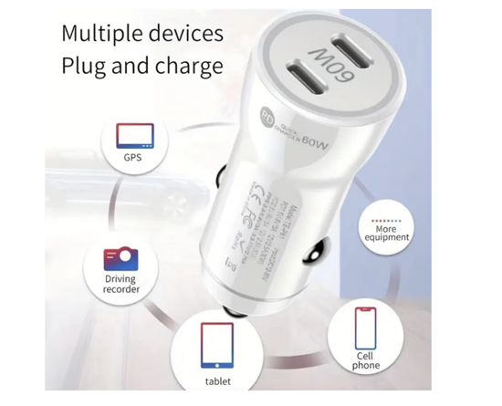 Poza cu Kit incarcator auto Dual fast charger USB-C-C 60W, Cablu date USB-C-C 60W, USB-C-ligth 37W, 1M, Compatibil cu iPhone 17, 16, 15, 14, 13, 12 pro max, QUANDES®
