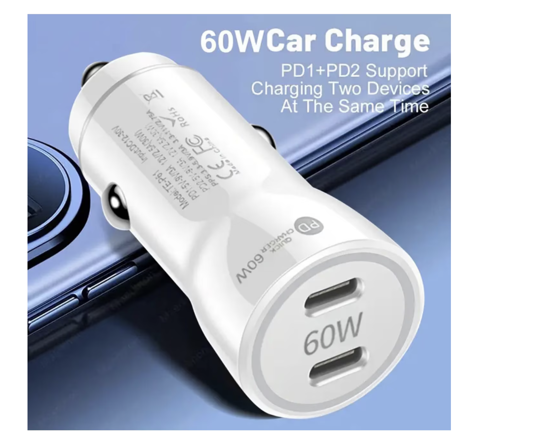 Poza cu Kit incarcator auto Dual fast charger USB-C-C 60W, Cablu date USB-C-C 60W, USB-C-ligth 37W, 1M, Compatibil cu iPhone 17, 16, 15, 14, 13, 12 pro max, QUANDES®