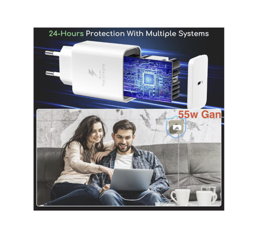 Poza cu Kit Incarcator super Fast Charge 55W PD GaN usb C, cablu date C-C 60 1M Woven, compatibil cu iPhone 17/17pro/17 promax, Geanta de depozitare EVA