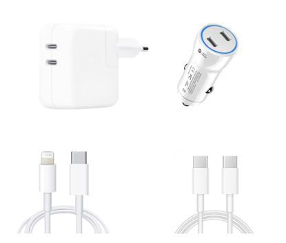 Imagine Kit Incarcator Dual USB-C 50W Fast Charger, 1 Cablu date USB-C-C 67W, 2M, 1 Cablu date USB-C-ligt 37W, 2M incarcator auto Dual USB-C-C 60W, Compatibil cu iPhone17a ir , 17 pro max