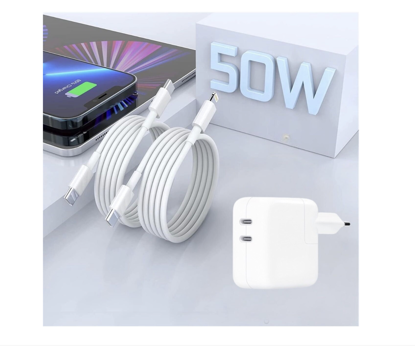 Kit Incarcator Dual USB-C 50W Fast Charger, 1 Cablu date USB-C-C 67W, 2M, 1 Cablu date USB-C-ligt 37W, 2M incarcator auto Dual USB-C-C 60W, Compatibil cu iPhone17a ir , 17 pro max