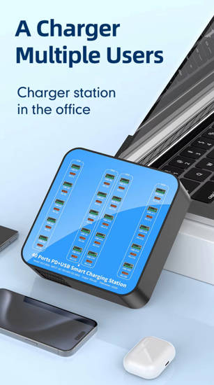 Poza cu Statie de incarcare 400W Smart cu 40-Port USB PD Charger 20USB-A+20USB-C PD QC3.0 Fast Charging, pentru iPhone 17/16/ 15 /14 /13 Pro Max, Samsung Galaxy Z Flip7/6 for S25/24/23/22 si ventilator