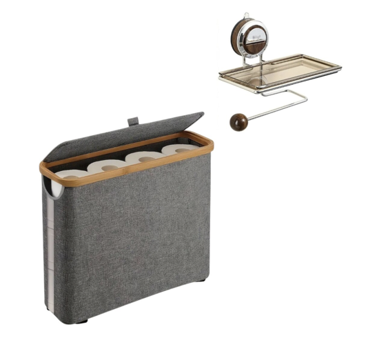 Imagine Kit Cos de depozitare pentru hartie igienica cu capac, si Suport Hartie Igienica QUANDES®, Capacitate 12 role, Pliabil, design slim, gri, 45x15x35cm, fara hartie igienica