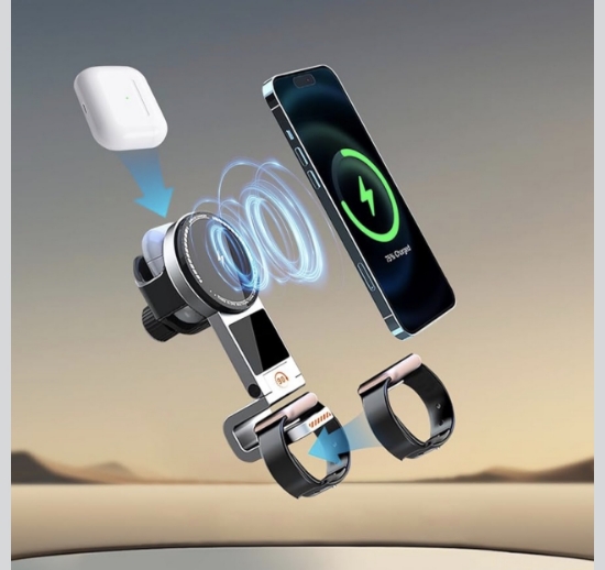 Poza cu Incarcator auto wireless 3 in 1 de 15w pentru Apple Watch S10 pentru Airpods Pro 2, statie de incarcare, suport magnetic pentru telefon auto pentru iPhone 17/ 16/ 15/ 14/ 13/ 12 pro max