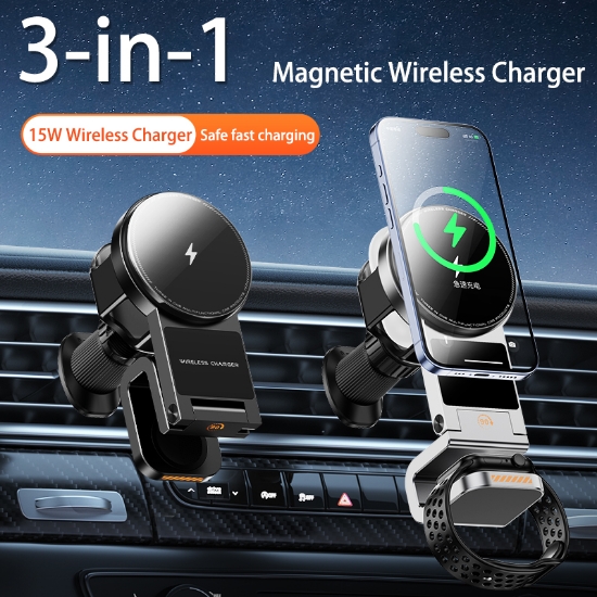 Poza cu Incarcator auto wireless 3 in 1 de 15w pentru Apple Watch S10 pentru Airpods Pro 2, statie de incarcare, suport magnetic pentru telefon auto pentru iPhone 17/ 16/ 15/ 14/ 13/ 12 pro max