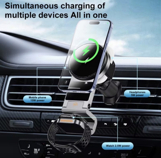 Poza cu Incarcator auto wireless 3 in 1 de 15w pentru Apple Watch S10 pentru Airpods Pro 2, statie de incarcare, suport magnetic pentru telefon auto pentru iPhone 17/ 16/ 15/ 14/ 13/ 12 pro max