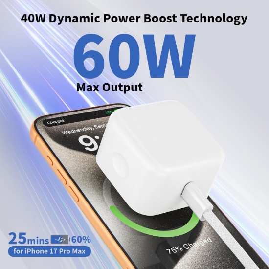 Poza cu Adaptor de alimentare dinamic de 40W cu putere maxima de 60W, QUANDES® compatibil cu iPhone 17 Pro Max/17 Pro/17/16/16 /15 Pro Max/ Pad Pro/Air