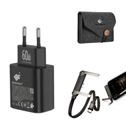 Poza cu Kit incarcator 60W PD T6010, cablu USB-C la USB-C, fast charging 240w, 1.5m suport telefon pliabil, compatibil cu Galaxy s26/s25 ultra, QUANDES cu geanta de protectie
