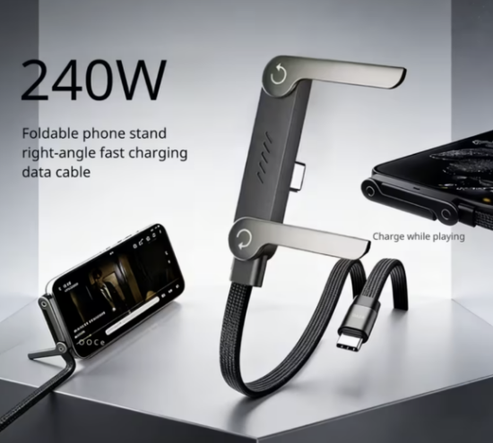 Poza cu Kit incarcator 60W PD T6010, cablu USB-C la USB-C, fast charging 240w, 1.5m suport telefon pliabil, compatibil cu Galaxy s26/s25 ultra, QUANDES cu geanta de protectie